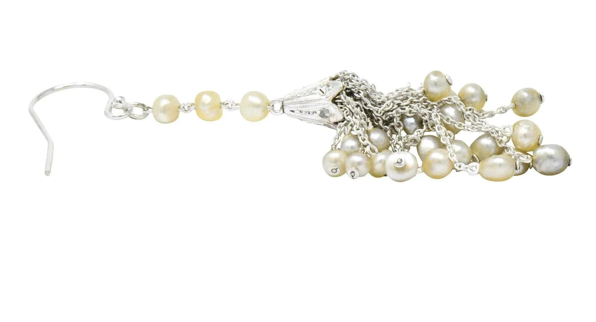 1920's Diamond Seed Pearl Platinum 14 Karat White Gold Tassel Drop Art Deco Earrings