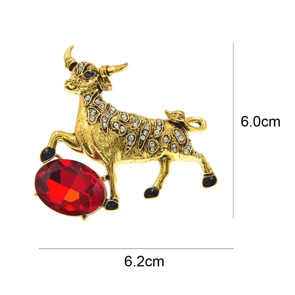 2 Colors Choose Rhinestone Bull Cattle Cow Brooch Chinese Zodiac Year Brooch