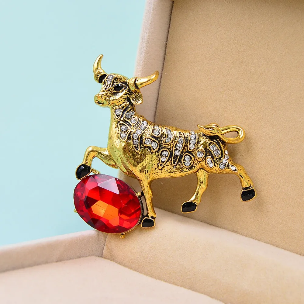 2 Colors Choose Rhinestone Bull Cattle Cow Brooch Chinese Zodiac Year Brooch