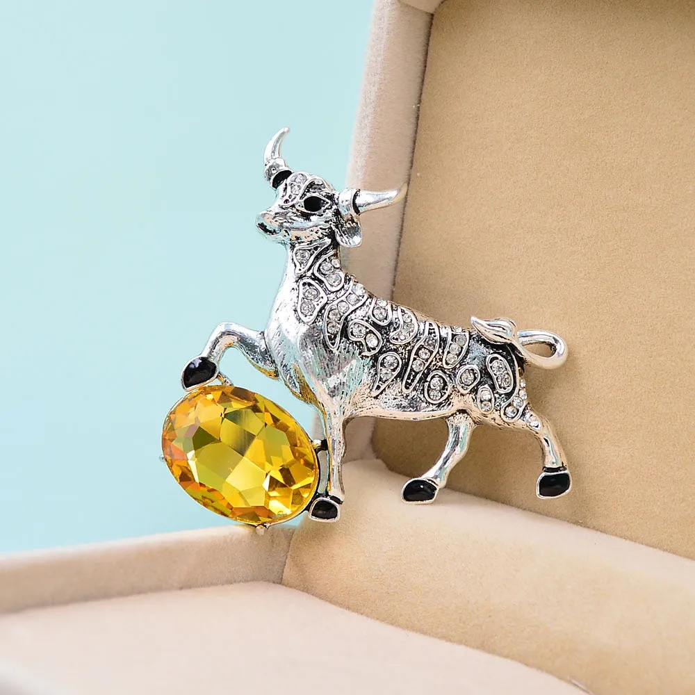 2 Colors Choose Rhinestone Bull Cattle Cow Brooch Chinese Zodiac Year Brooch