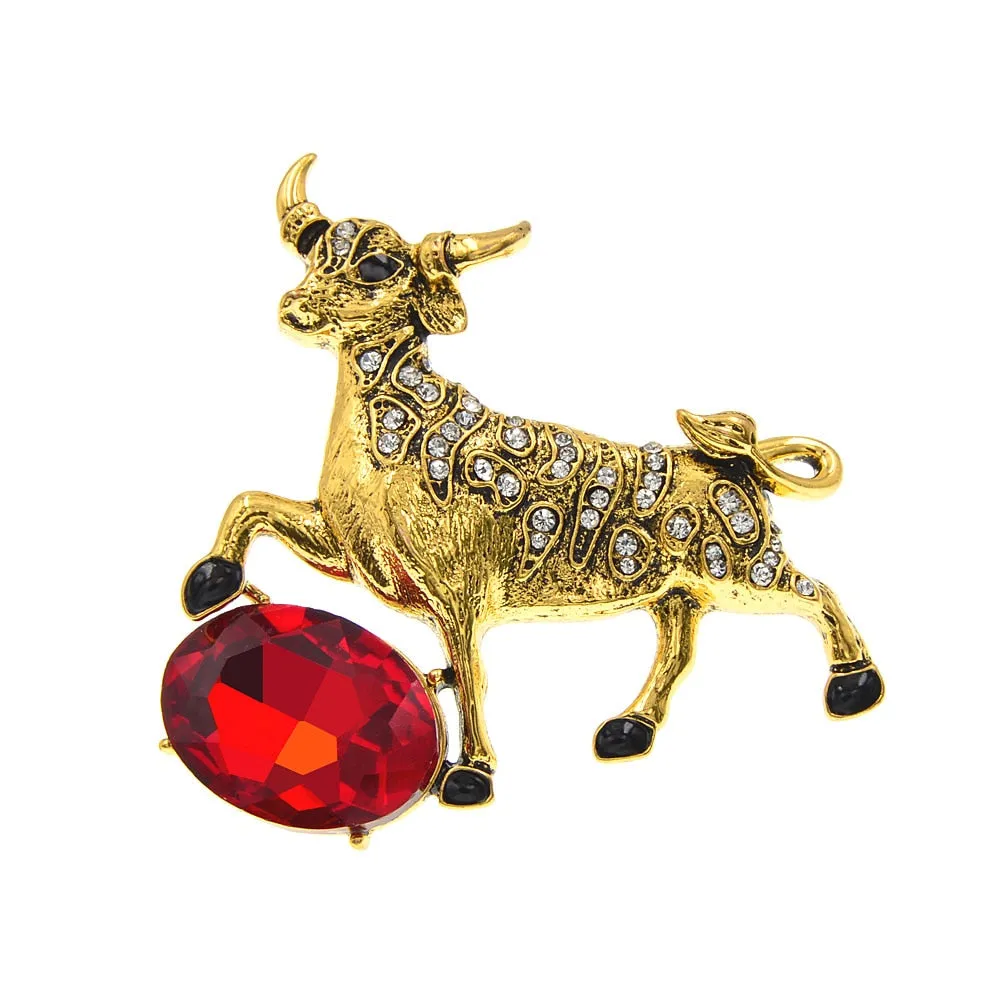 2 Colors Choose Rhinestone Bull Cattle Cow Brooch Chinese Zodiac Year Brooch