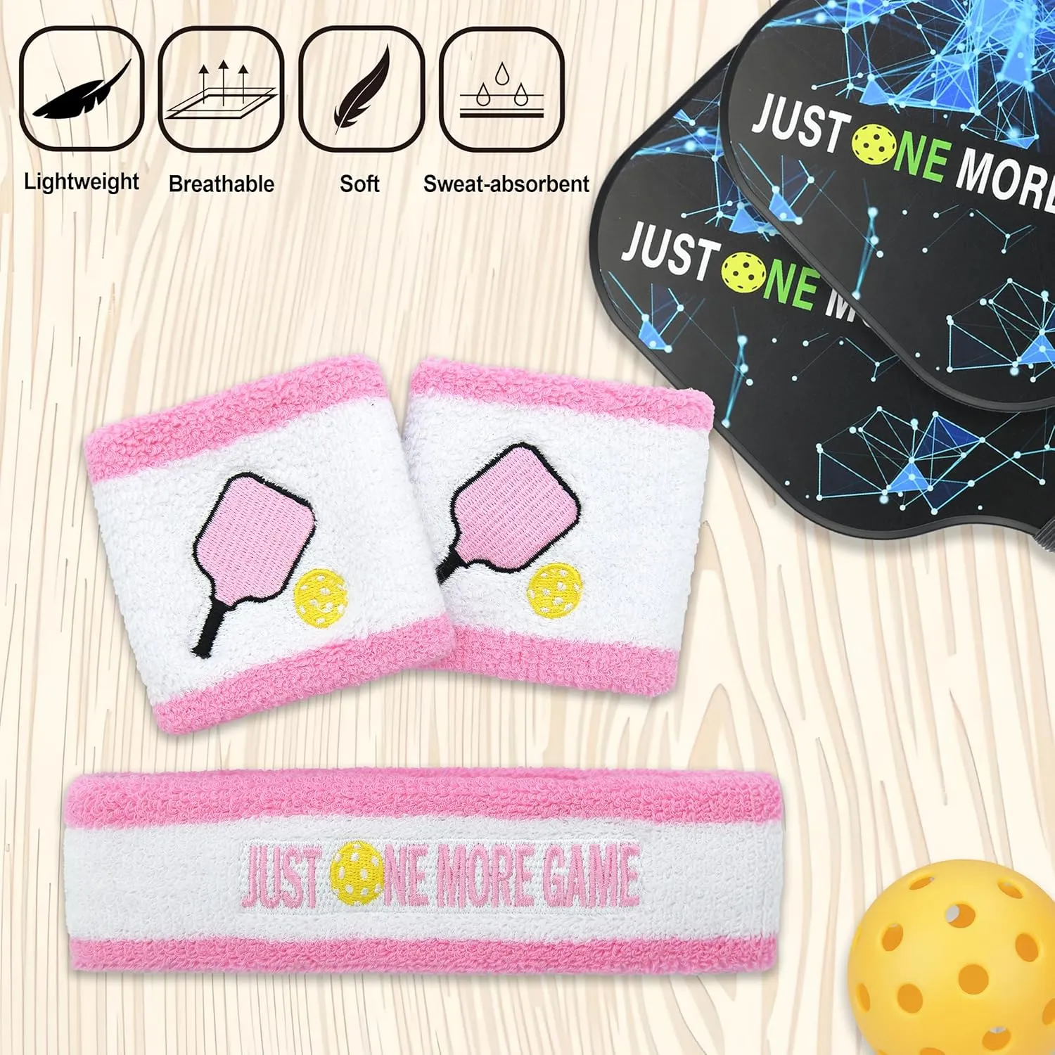 3 Pcs Pickleball Sweatband Set Men Women, Moisture Wicking Sweat Absorbent 2 Wristbands and 1 Headband for Basketball Tennis, Great Gift for Sports