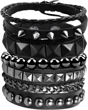 4 Pcs Punk Rock Leather Studded Bracelets for Men Women 80s Gothic Spike Cuff Bracelet Set Emo Accessories for Rocker Outfits