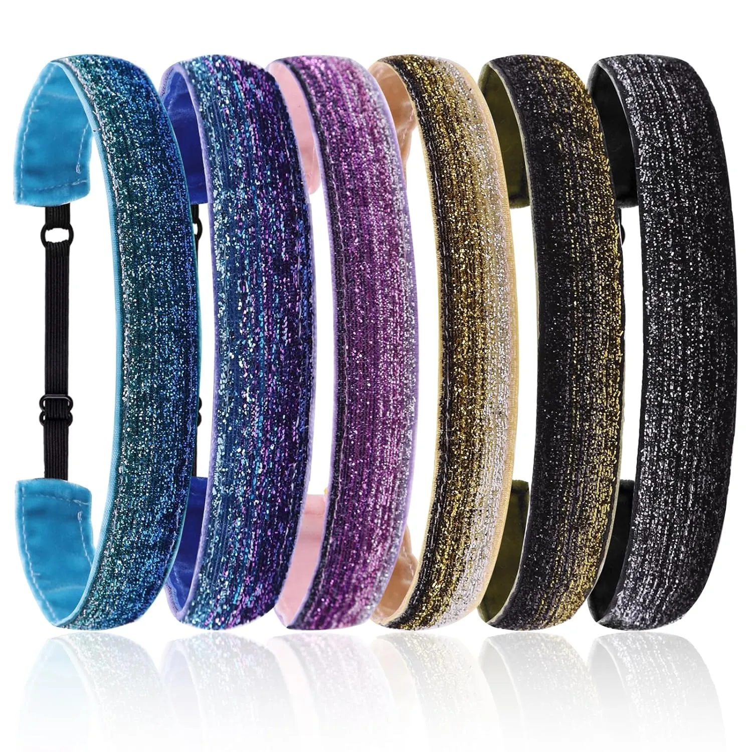 6 Glitter Headbands for Girls Adjustable Non Slip Thin Elastic Hair Bands Stretch Sport Headband for Kids Sparkly Bling Headband Hair Accessories (Pack of 6)