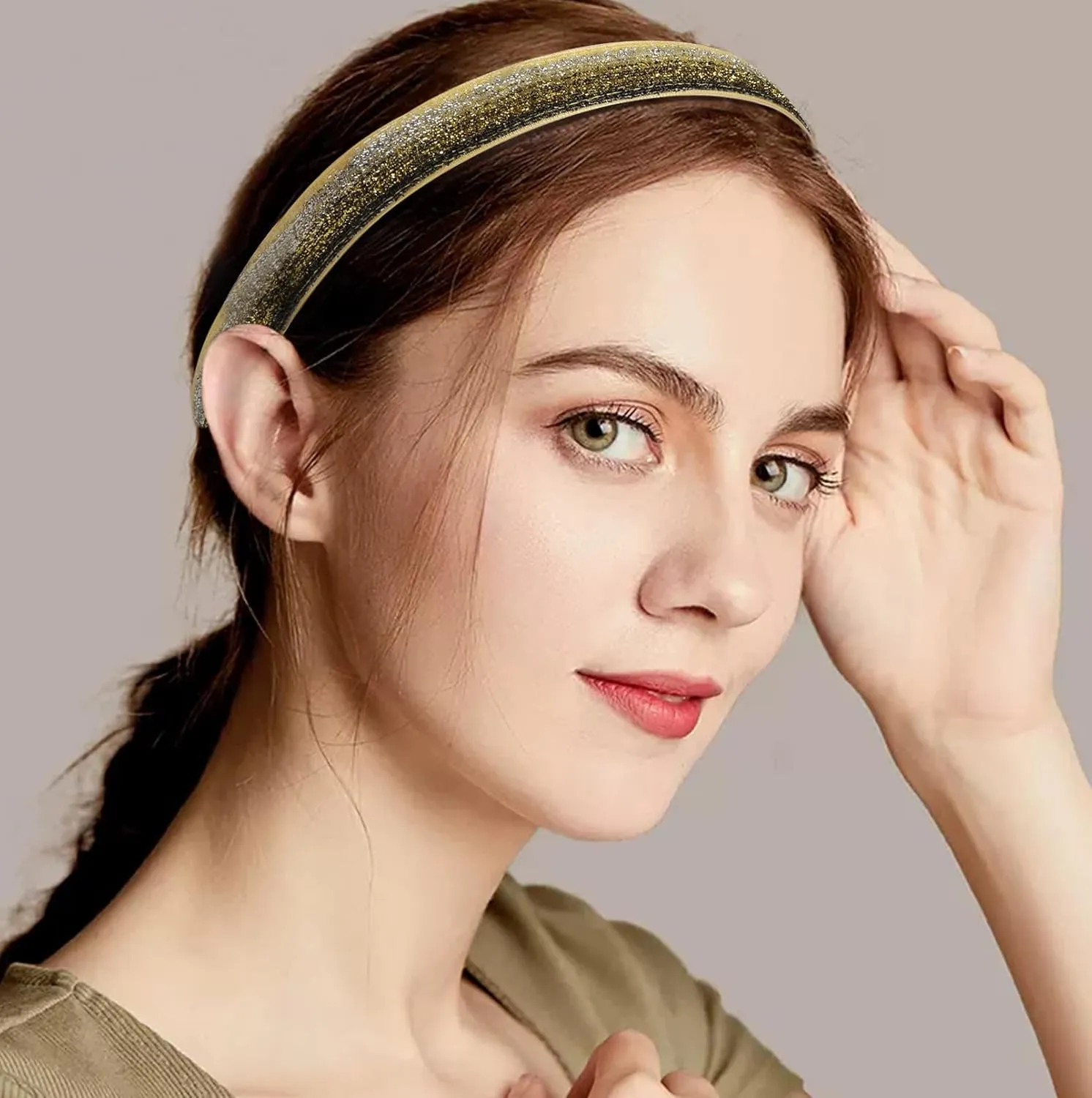 6 Glitter Headbands for Girls Adjustable Non Slip Thin Elastic Hair Bands Stretch Sport Headband for Kids Sparkly Bling Headband Hair Accessories (Pack of 6)