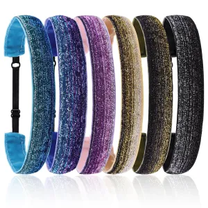 6 Glitter Headbands for Girls Adjustable Non Slip Thin Elastic Hair Bands Stretch Sport Headband for Kids Sparkly Bling Headband Hair Accessories (Pack of 6)