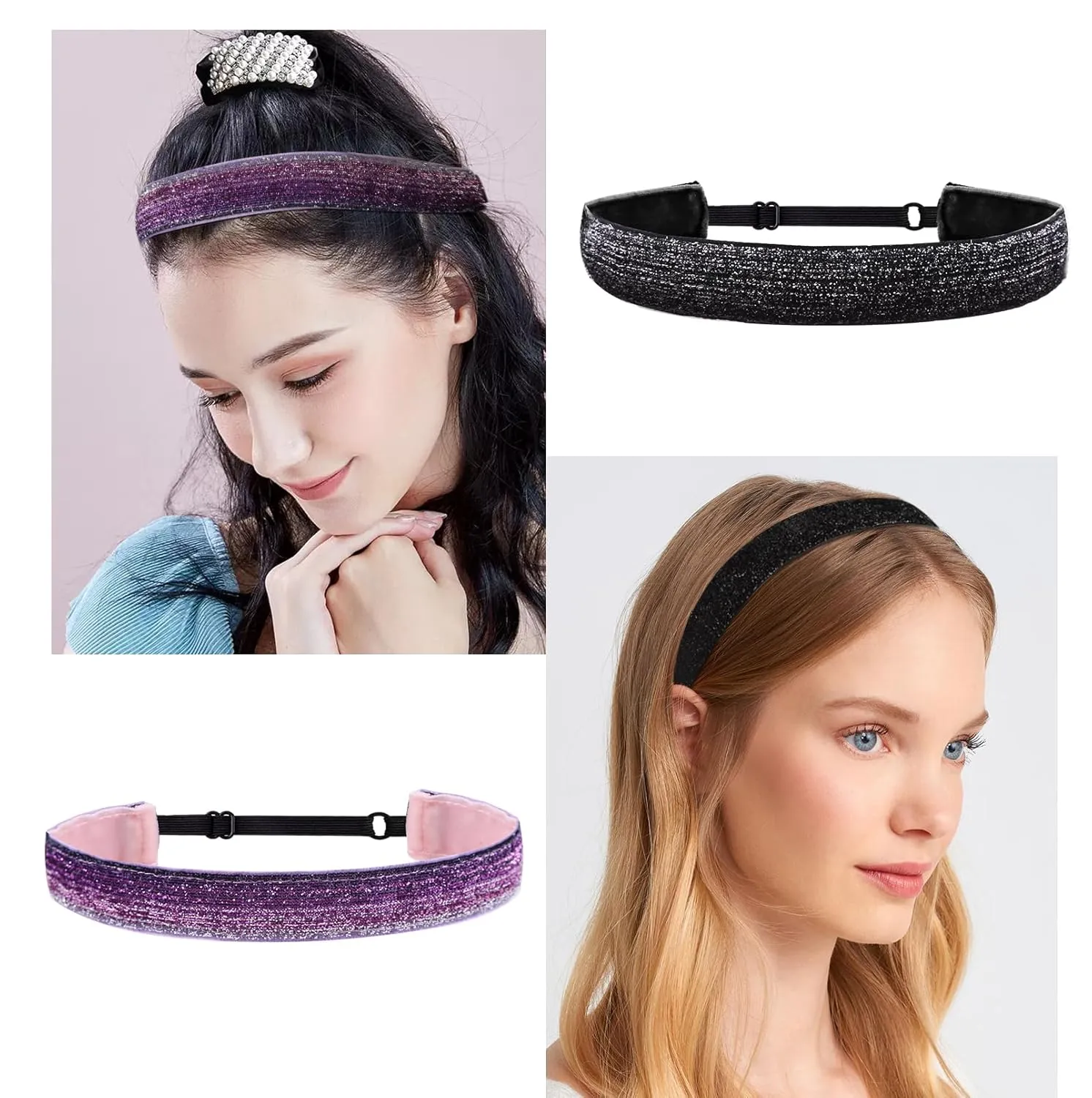 6 Glitter Headbands for Girls Adjustable Non Slip Thin Elastic Hair Bands Stretch Sport Headband for Kids Sparkly Bling Headband Hair Accessories (Pack of 6)