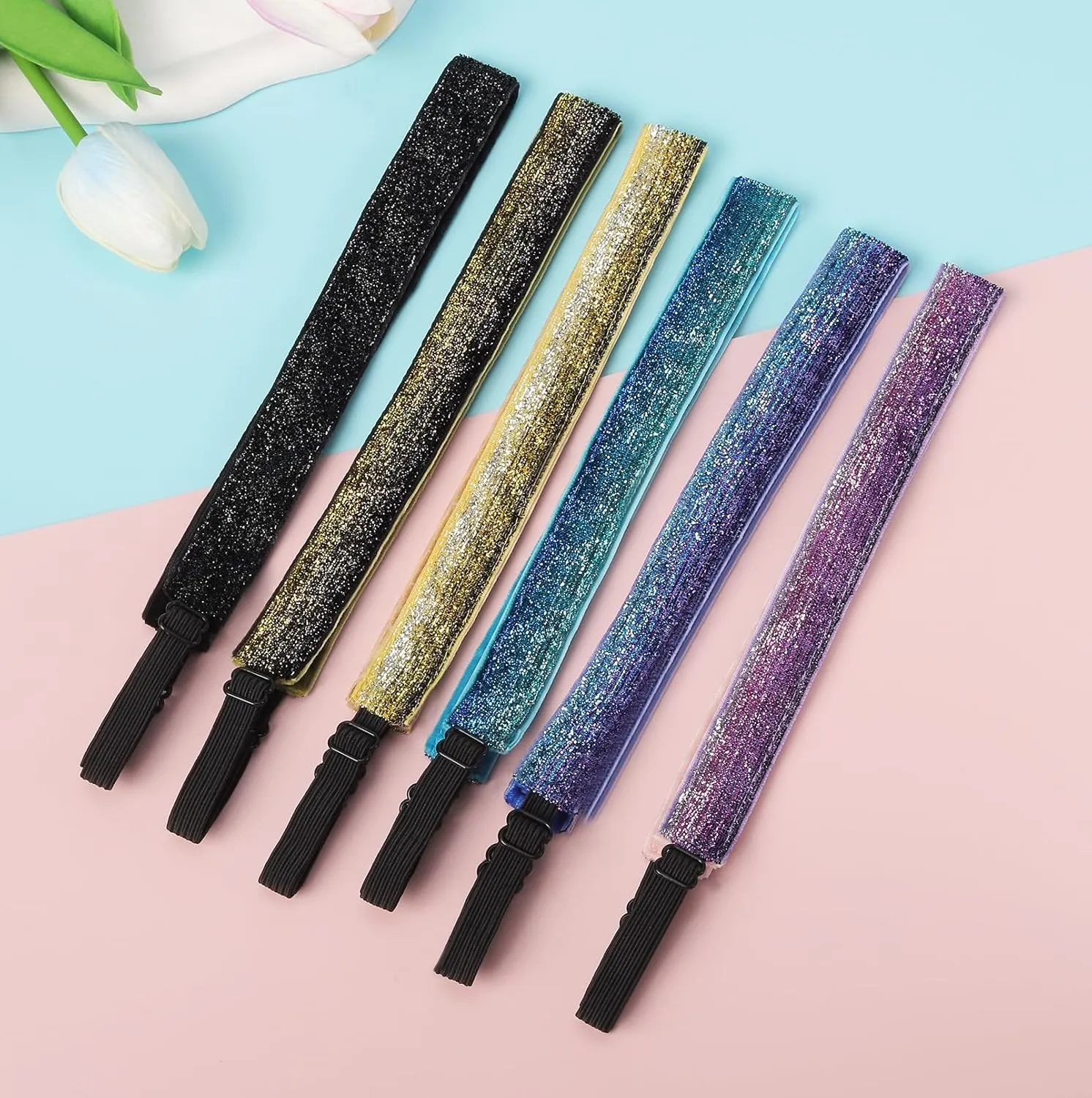 6 Glitter Headbands for Girls Adjustable Non Slip Thin Elastic Hair Bands Stretch Sport Headband for Kids Sparkly Bling Headband Hair Accessories (Pack of 6)