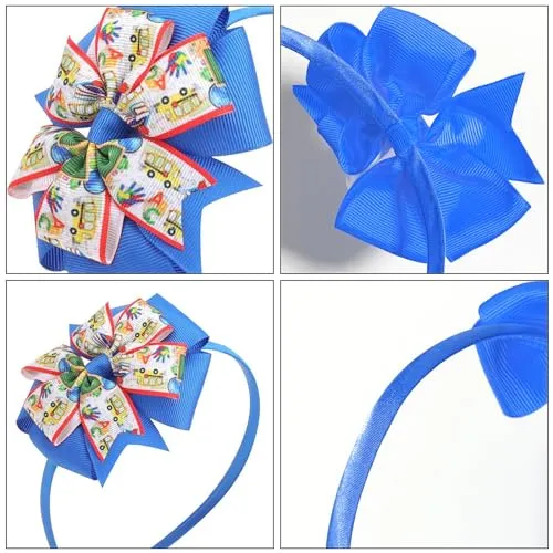 Back to School Headband Teacher Headband Cute Grosgrain Ribbon Bowknot Head Band Blue Bow Headpiece for First Day of School Bus Design Hair Accessory for Women Fashion Hair Hoop for Thick Hair