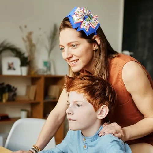 Back to School Headband Teacher Headband Cute Grosgrain Ribbon Bowknot Head Band Blue Bow Headpiece for First Day of School Bus Design Hair Accessory for Women Fashion Hair Hoop for Thick Hair