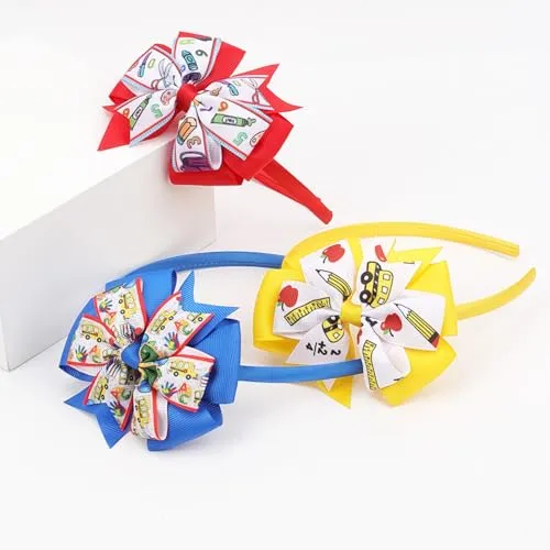 Back to School Headband Teacher Headband Cute Grosgrain Ribbon Bowknot Head Band Blue Bow Headpiece for First Day of School Bus Design Hair Accessory for Women Fashion Hair Hoop for Thick Hair