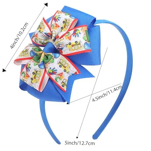 Back to School Headband Teacher Headband Cute Grosgrain Ribbon Bowknot Head Band Blue Bow Headpiece for First Day of School Bus Design Hair Accessory for Women Fashion Hair Hoop for Thick Hair