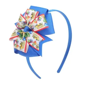 Back to School Headband Teacher Headband Cute Grosgrain Ribbon Bowknot Head Band Blue Bow Headpiece for First Day of School Bus Design Hair Accessory for Women Fashion Hair Hoop for Thick Hair