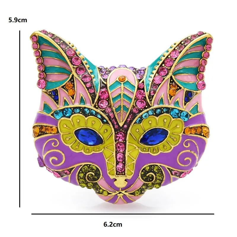 Big Heavy Multicolor Enamel Cat Head Brooches Rhinestone Animal Women Party Brooch