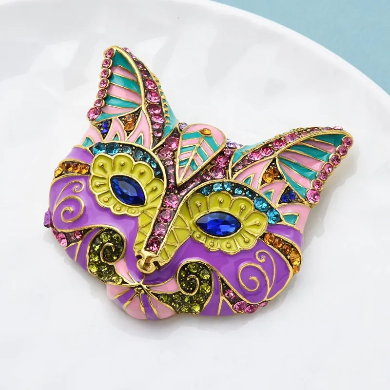 Big Heavy Multicolor Enamel Cat Head Brooches Rhinestone Animal Women Party Brooch