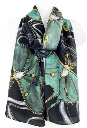 Black Silk Crepe de Chine Scarf, Hand Painted Luna Moth Moon Goddess