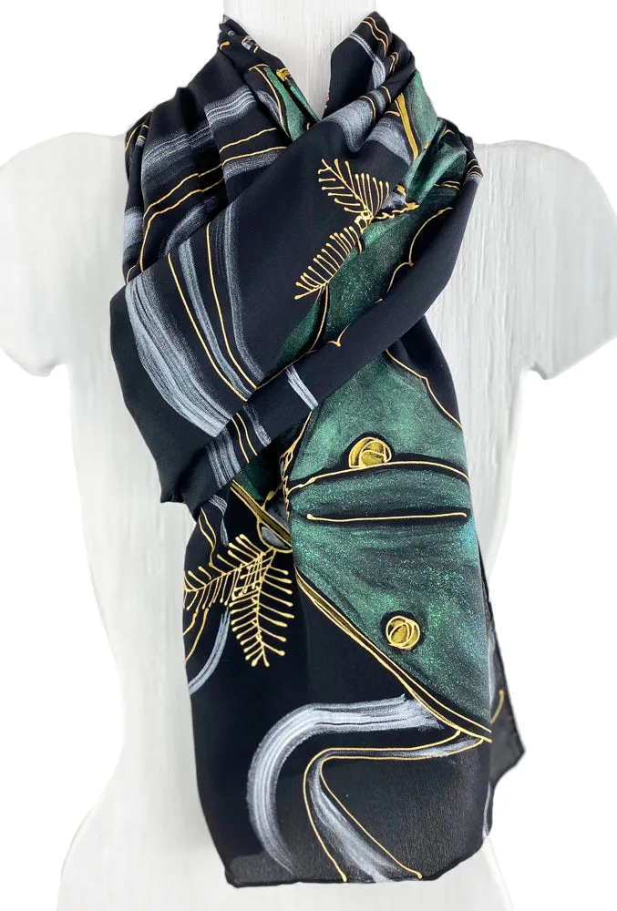 Black Silk Crepe de Chine Scarf, Hand Painted Luna Moth Moon Goddess
