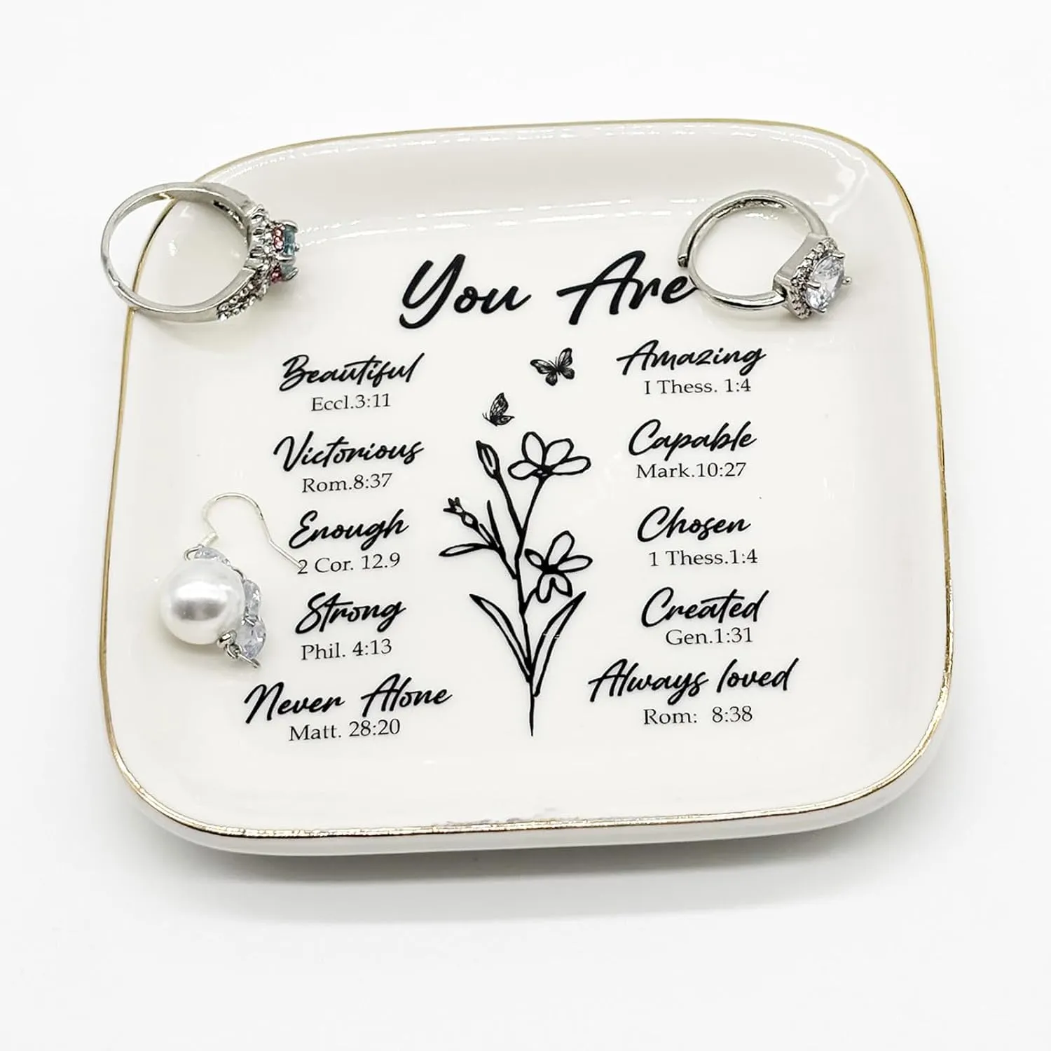 Ceramic Jewelry Dish, 4.5" Small Ring Dish Jewelry Tray, Birthday Gift for Mom, Daughter, Sister, Friends, Bathroom Ring Holder Dish Jewelry Plate, Nightstand Decor Trinket Tray for Women