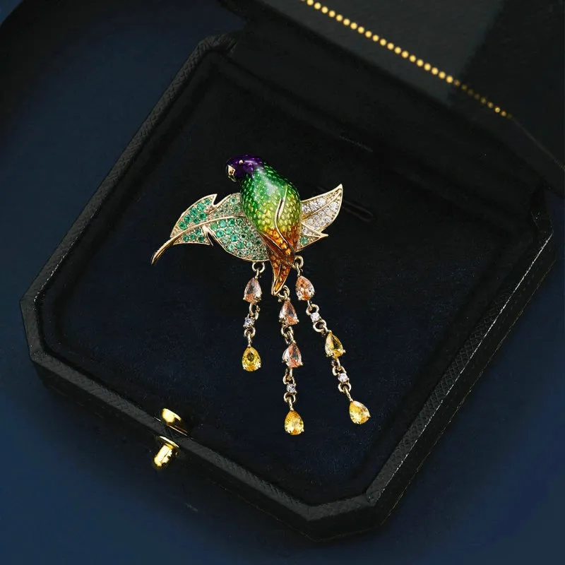 Copper Micro Inlay Cubic Zirconia Enamel Colored Parrot Brooch Jewelry Gift