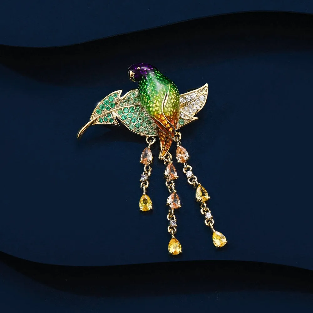 Copper Micro Inlay Cubic Zirconia Enamel Colored Parrot Brooch Jewelry Gift