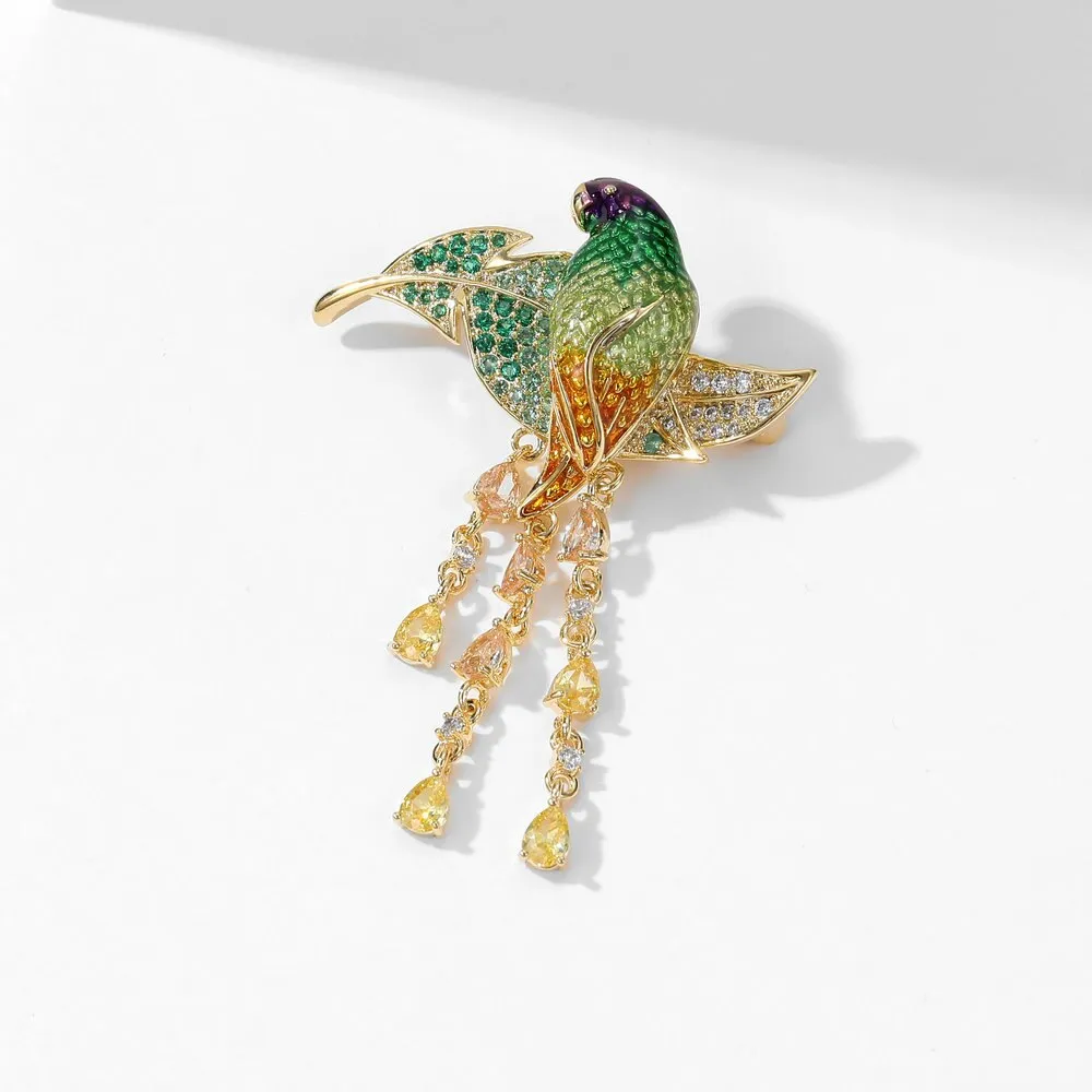 Copper Micro Inlay Cubic Zirconia Enamel Colored Parrot Brooch Jewelry Gift