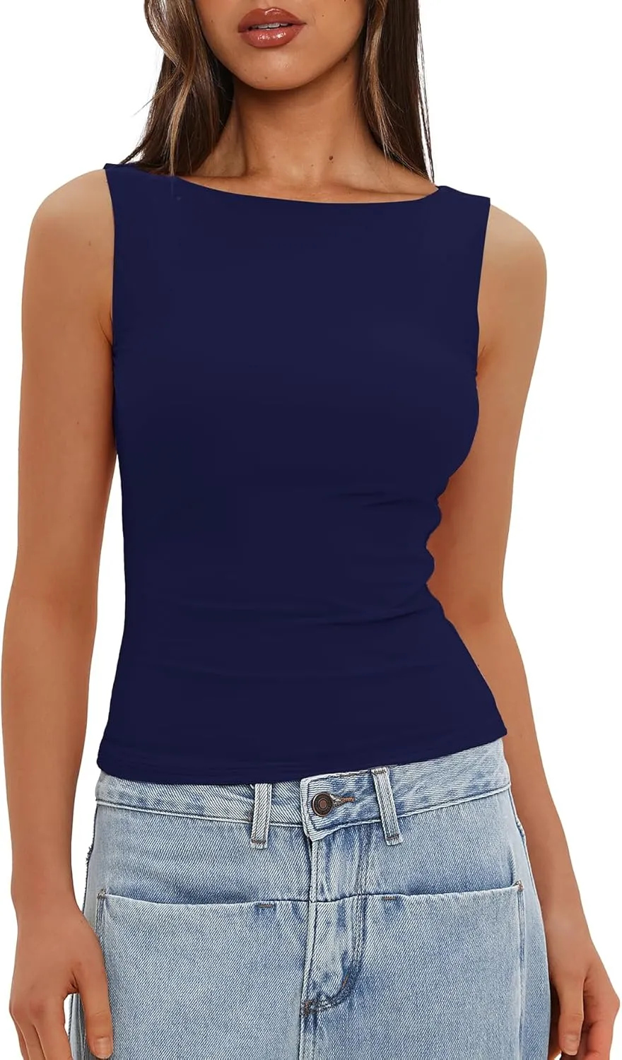 Darong Women's High Neck Tank Top Sleeveless Double Lined Basic Tops Going Out Casual Tank Shirts