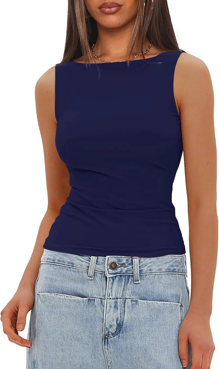 Darong Women's High Neck Tank Top Sleeveless Double Lined Basic Tops Going Out Casual Tank Shirts