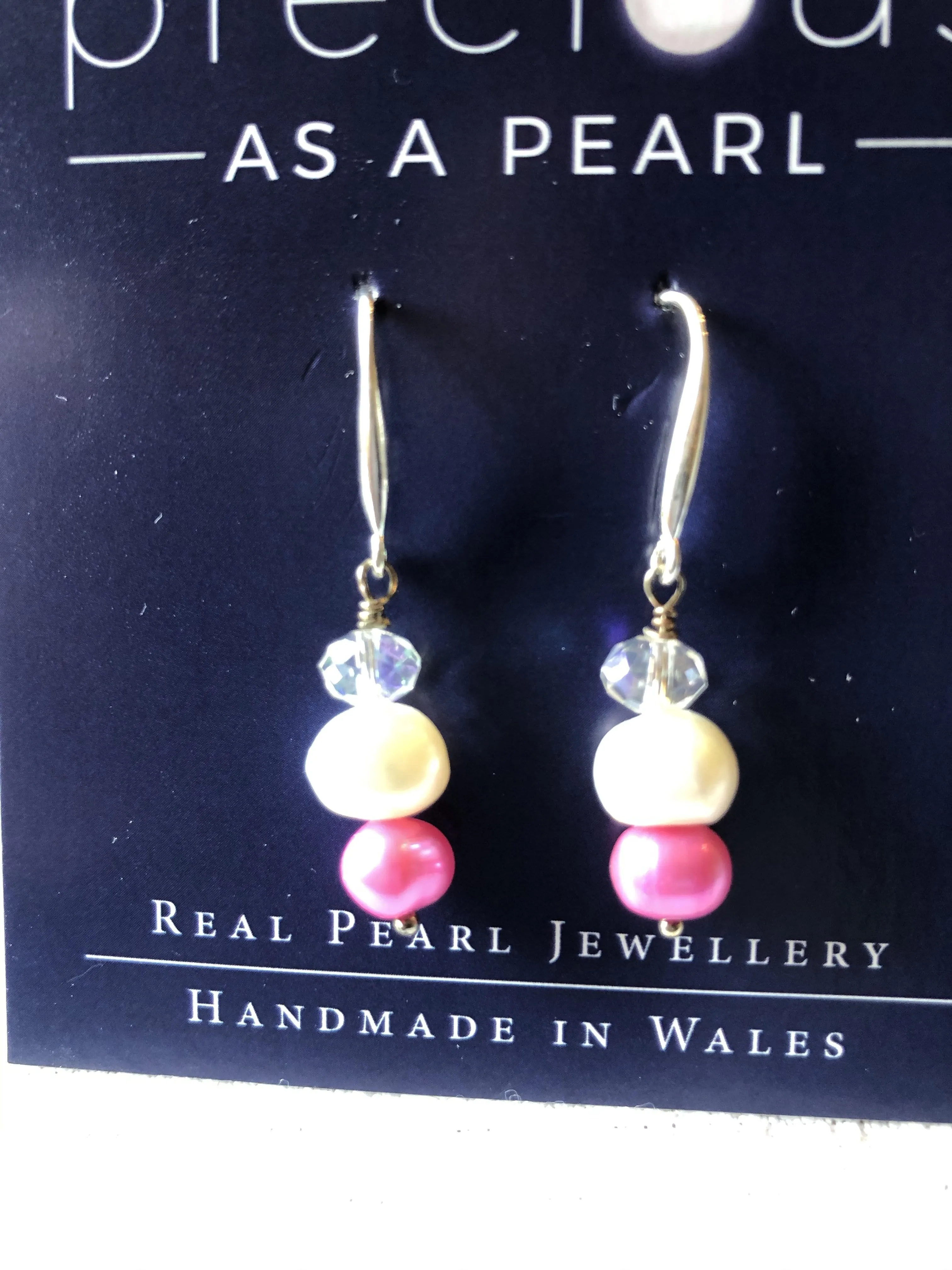 Earrings: Ivory and pink pearl with white crystal drop earrings