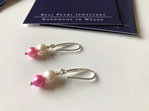 Earrings: Pink and ivory double pearl earrings