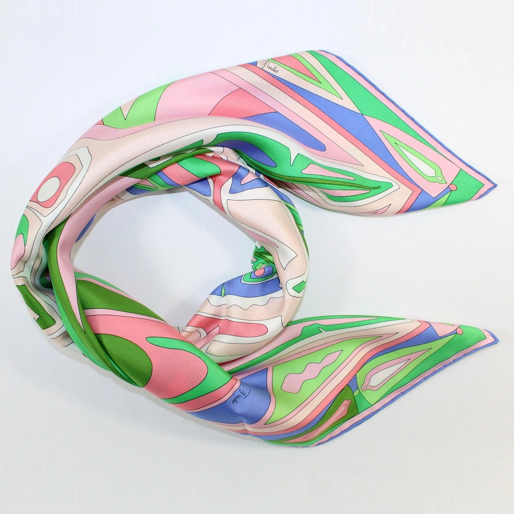 Emilio Pucci Scarf Green Pink Design - Large Twill Silk Square Scarf