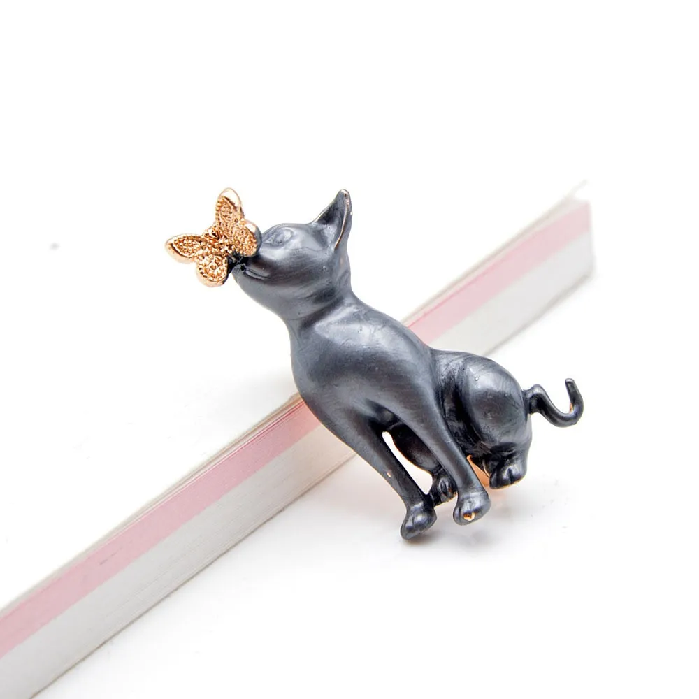 Enamel Cat And Butterfly Brooches For Women