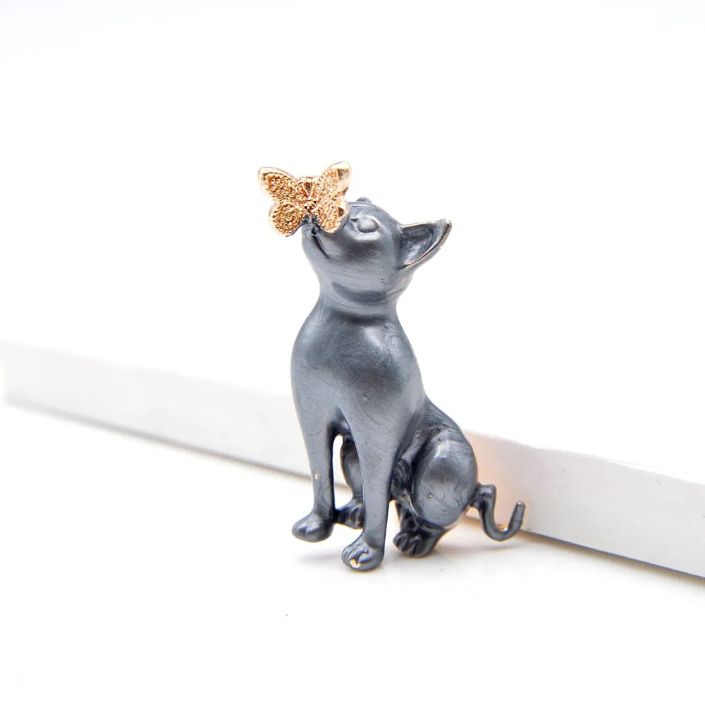 Enamel Cat And Butterfly Brooches For Women