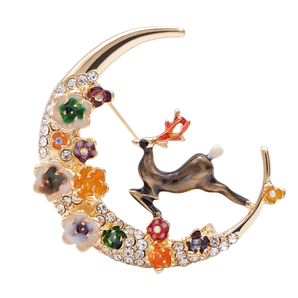 Enamel Moon And Deer Brooch Elegant Fashion Animal Design Brooch