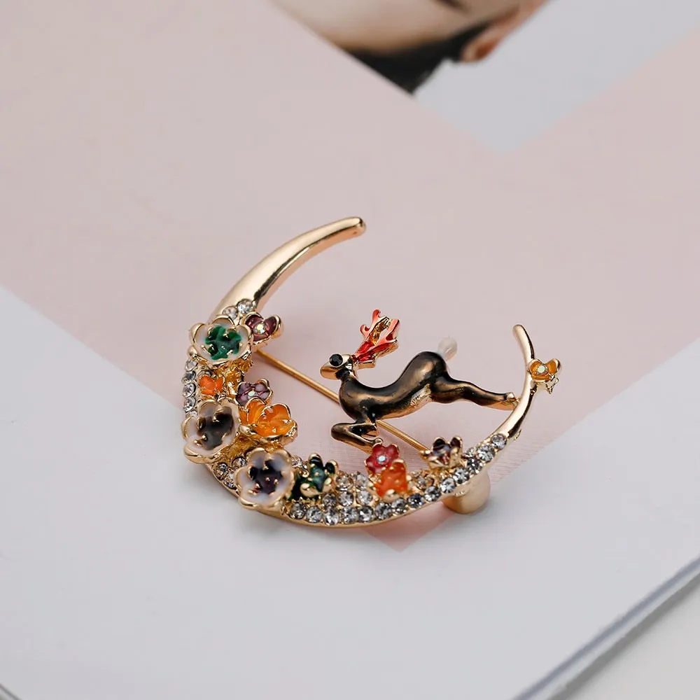 Enamel Moon And Deer Brooch Elegant Fashion Animal Design Brooch