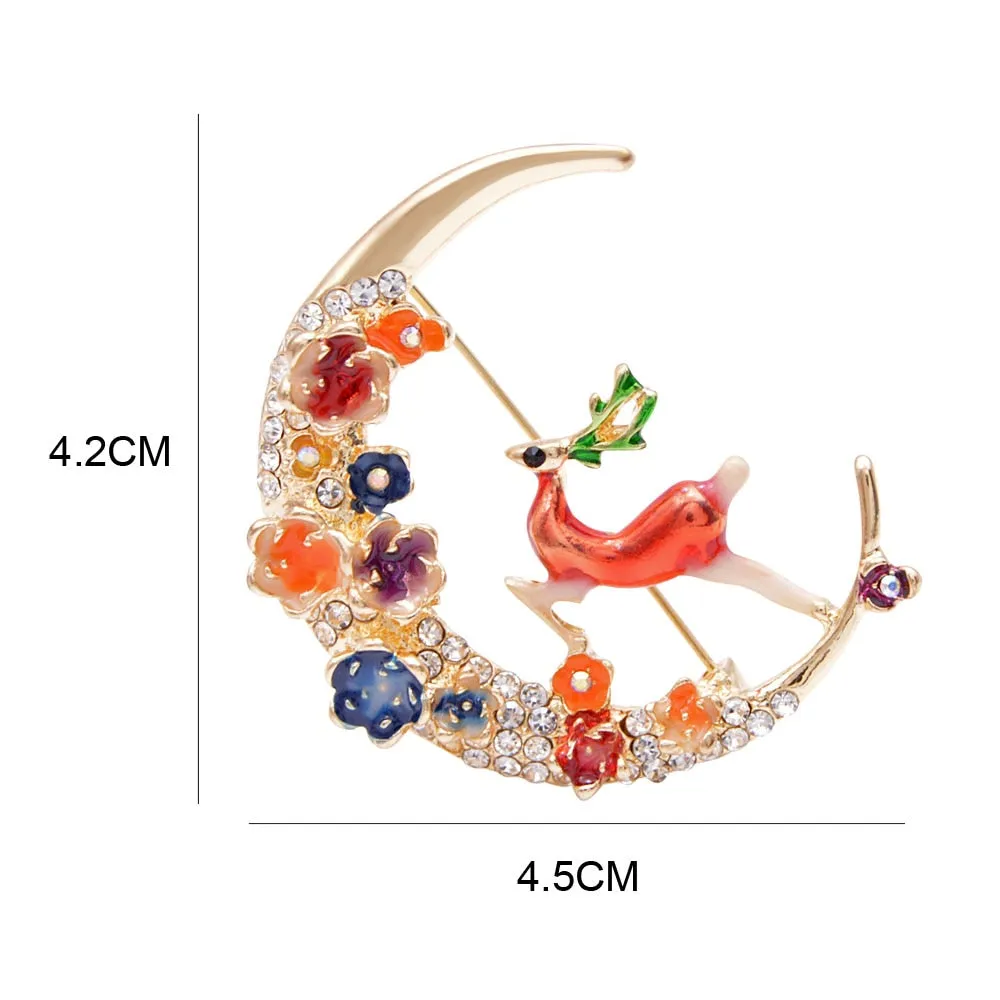 Enamel Moon And Deer Brooch Elegant Fashion Animal Design Brooch