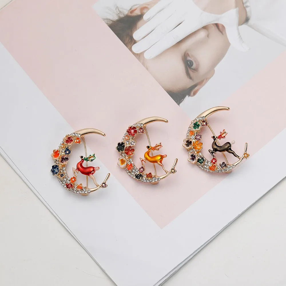 Enamel Moon And Deer Brooch Elegant Fashion Animal Design Brooch
