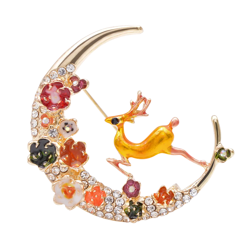 Enamel Moon And Deer Brooch Elegant Fashion Animal Design Brooch