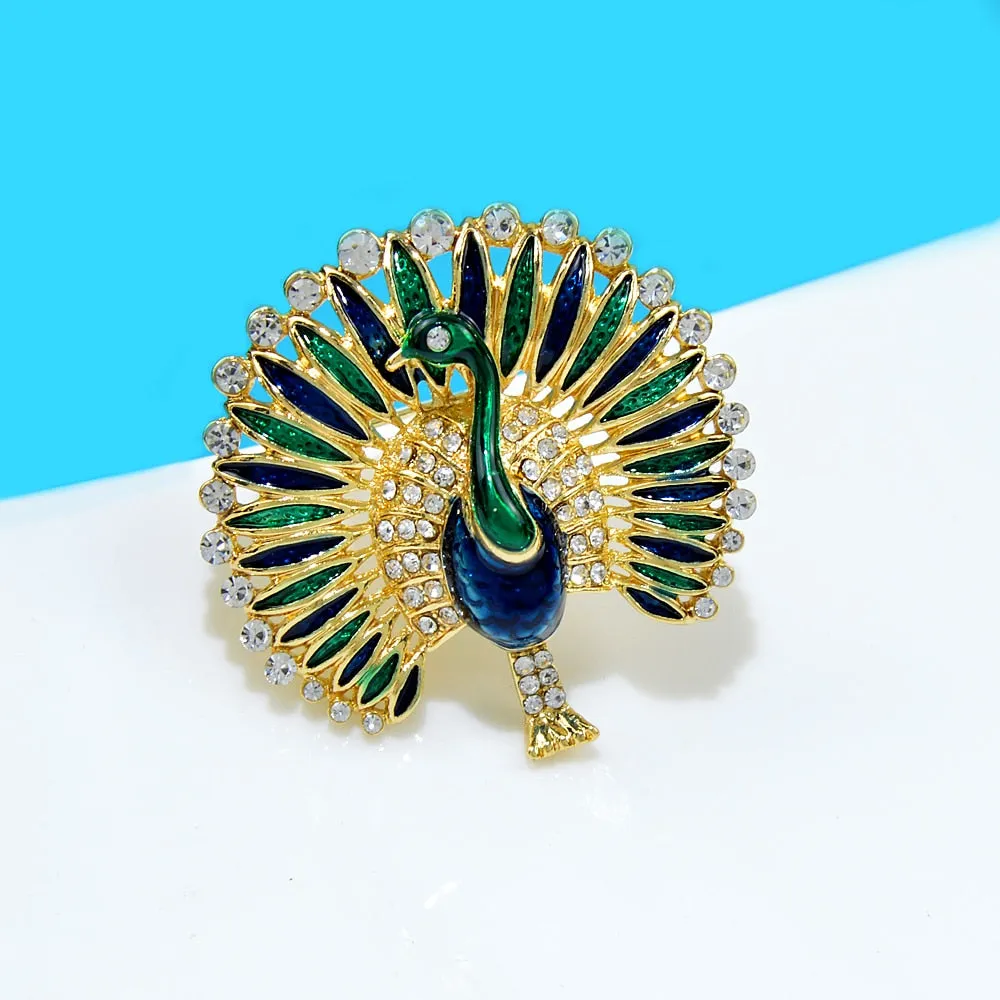 Enamel Rhinestone Peacock Brooch Animal Bird Pin 2 Colors Available