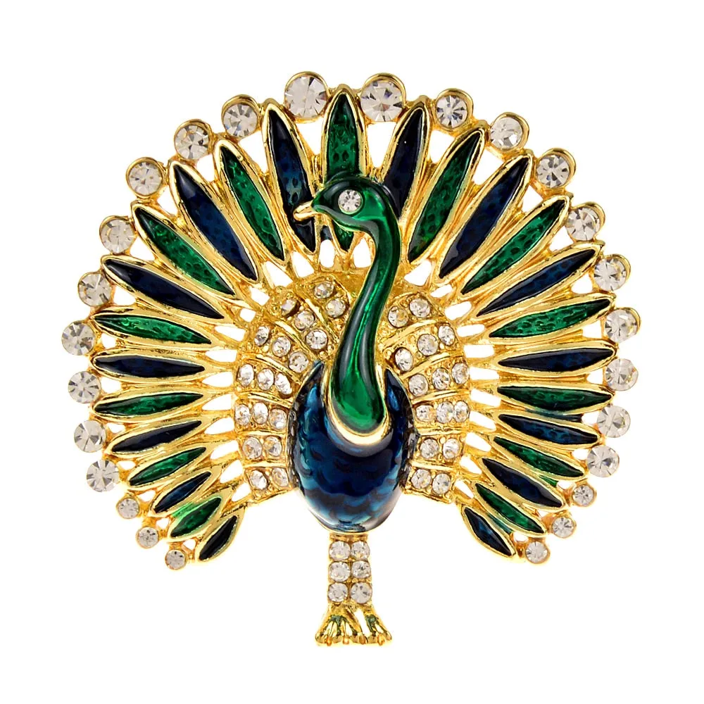 Enamel Rhinestone Peacock Brooch Animal Bird Pin 2 Colors Available