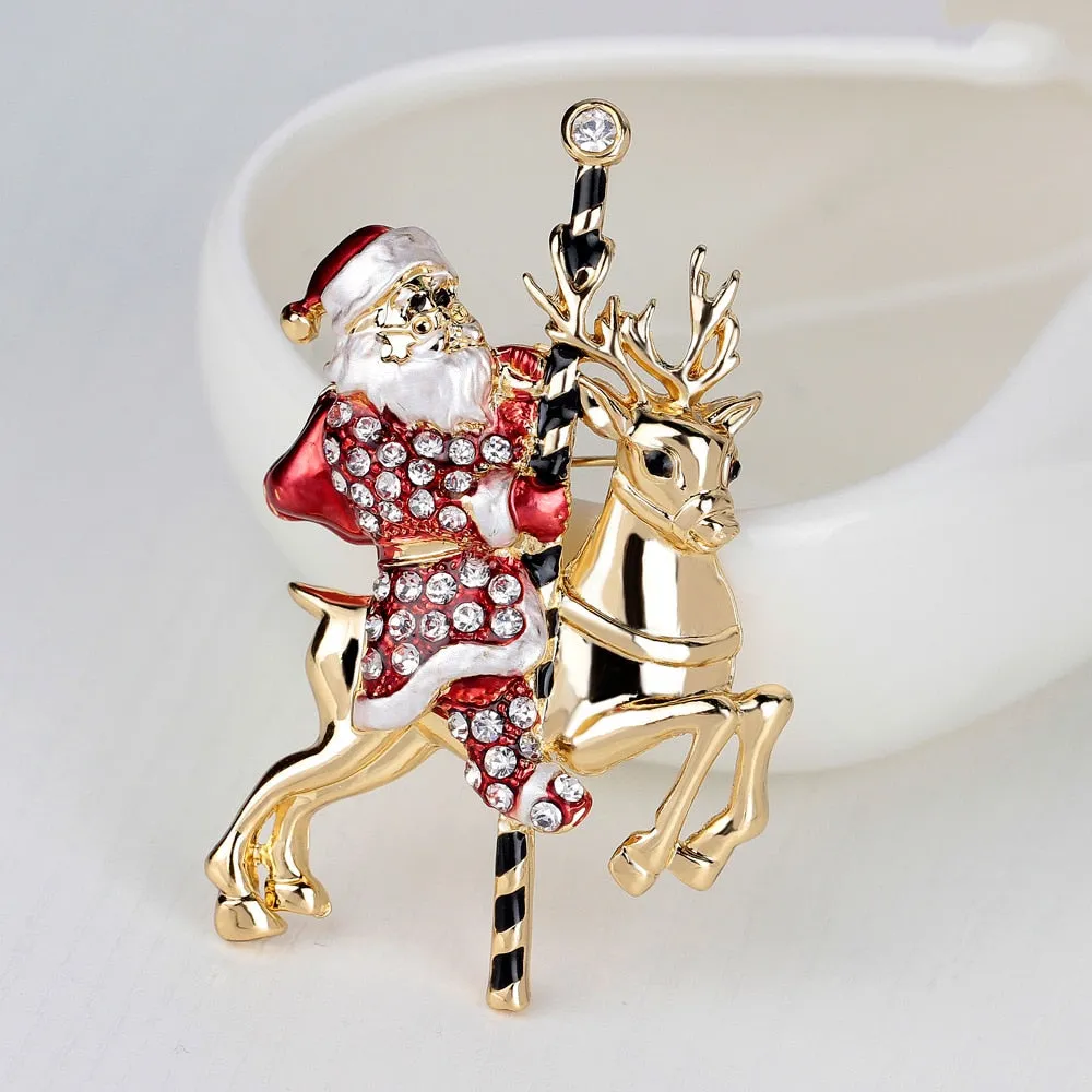 Enamel Santa Clause Rhinestone Brooches For Men Cartoon