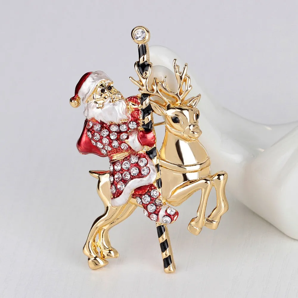 Enamel Santa Clause Rhinestone Brooches For Men Cartoon