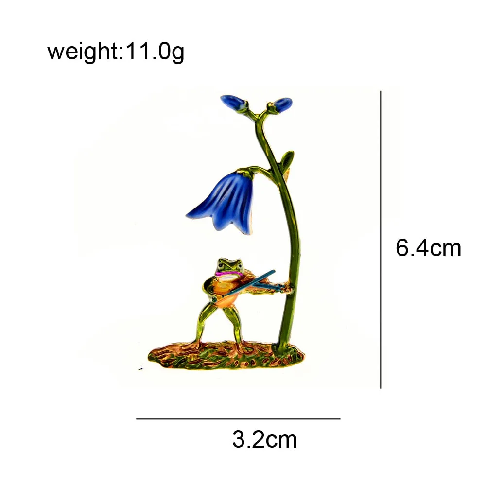 Frog Playing The Violin Brooch Animal Pin Flower Jewelry Enamel Accessories