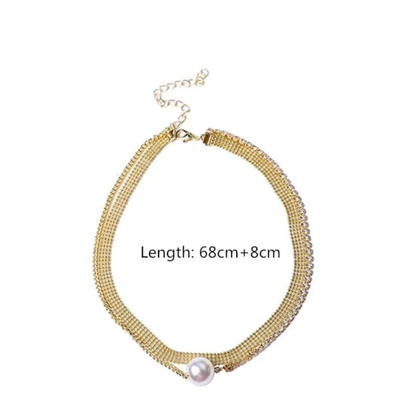 Golden Double Layer Crystal Chokers Necklaces for Women Pearl Necklaces