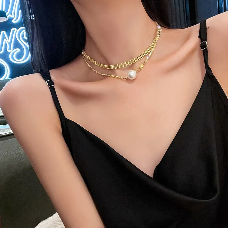 Golden Double Layer Crystal Chokers Necklaces for Women Pearl Necklaces