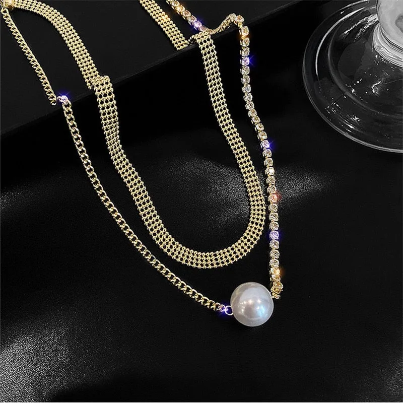 Golden Double Layer Crystal Chokers Necklaces for Women Pearl Necklaces