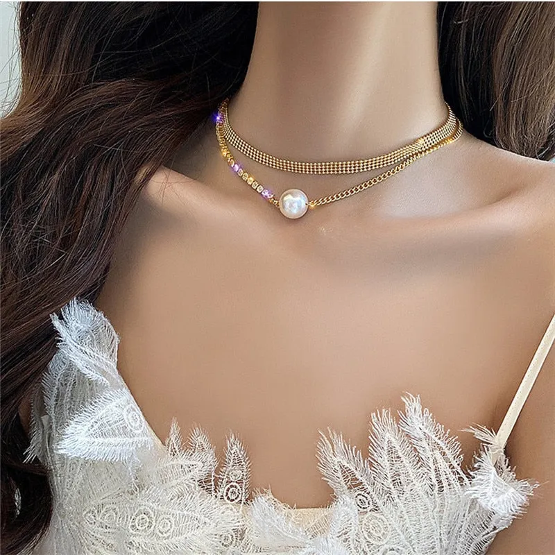 Golden Double Layer Crystal Chokers Necklaces for Women Pearl Necklaces