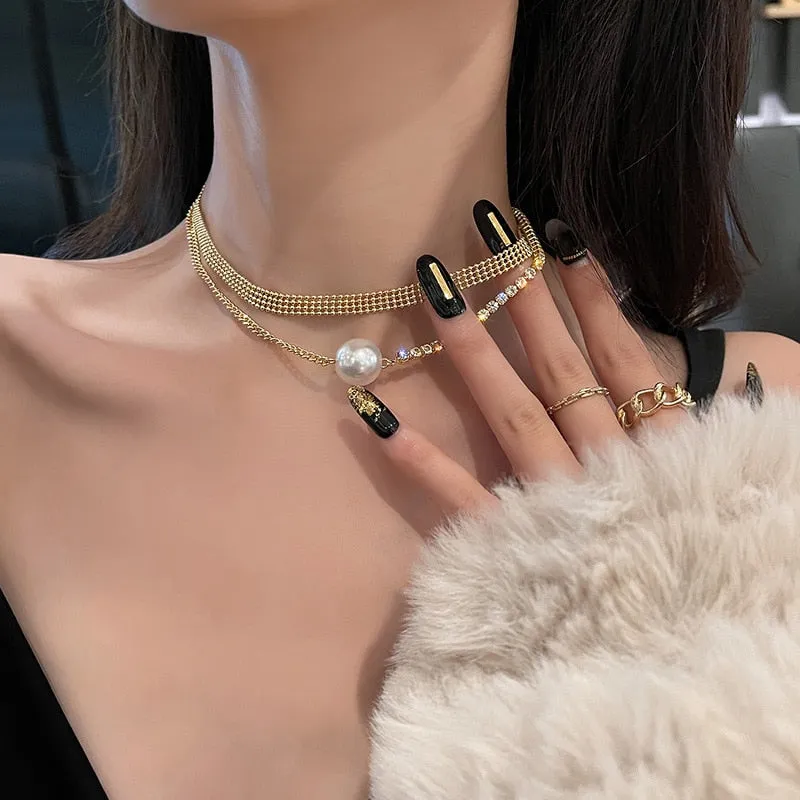 Golden Double Layer Crystal Chokers Necklaces for Women Pearl Necklaces