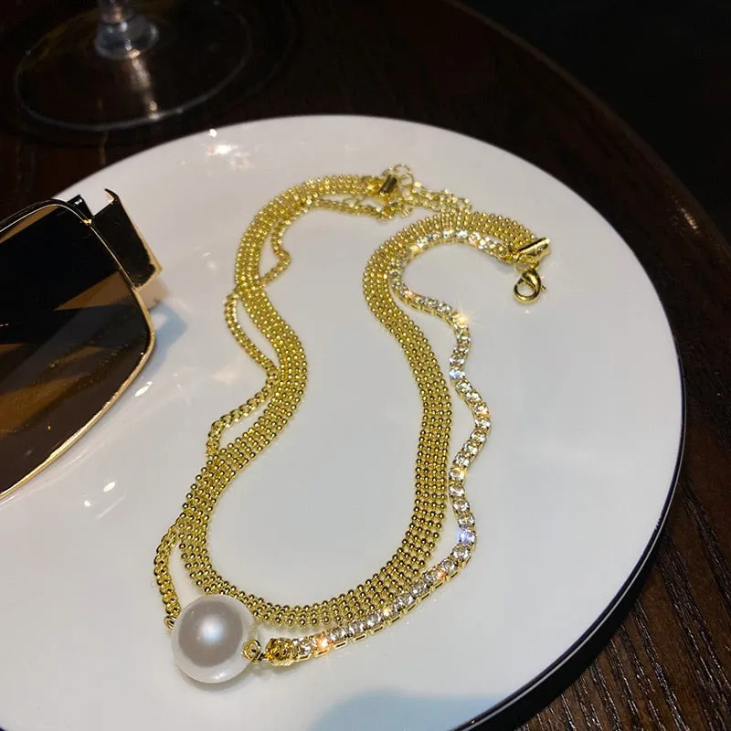 Golden Double Layer Crystal Chokers Necklaces for Women Pearl Necklaces