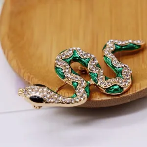 Green Snake Brooches Women Men Rhinestone Enamel Snake Animal Party Casual Brooch