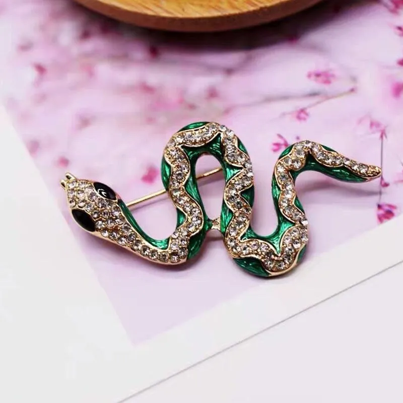 Green Snake Brooches Women Men Rhinestone Enamel Snake Animal Party Casual Brooch